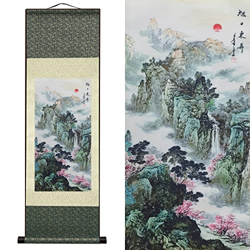 AtfArt Asian Wall Decor - Beautiful Silk Scroll Painting of Waterfall River Landscape - Rising Sun East Rises Oriental Decor - Chinese Art Wall Scroll Hanging (36.2x12 in) - color: A7