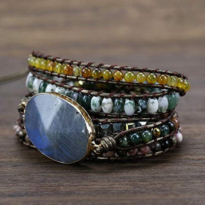 Boho Wrap Bracelet for Women, Handmade Natural Imperial Jasper Multi-Layer Stone Beaded Bracelet, Bohemian Healing Crystal Stone Jewelry Gifts - color: Labradorite