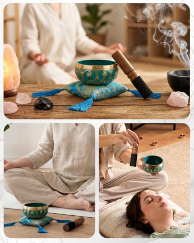 Tibetan Singing Bowls – Hand-Hammered in Nepal, Authentic Meditation Sound Bowls for Yoga, Chakra Healing, Mindfulness & Spiritual Self-Care Gifts for Women - color: Blue(Lotus)