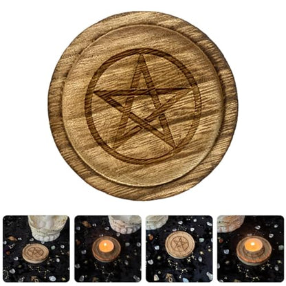 HOMSFOU Wooden Pentacle Altar Plate Candle Holder Tealight Candlestick for Home Decor Parties and Spiritual Use Elegant Centerpiece for Tables Gardens and Celebrations