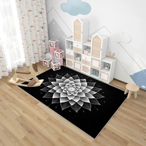 Mandala Rug Black - Mandala Floral Rug, 5x6 ft Washable Non-Slip Stain Resistant Meditation Area Rug, Chakra Yoga Carpet for Living Room, Bedroom, Playroom, Zen Spiritual Home Decor & Gifts