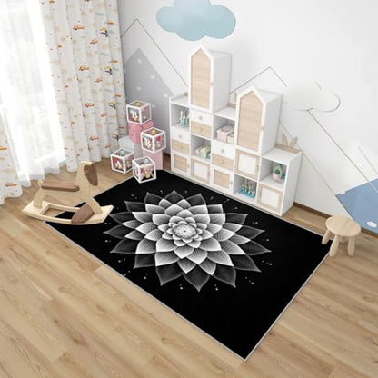 Mandala Rug Black - Mandala Floral Rug, 5x6 ft Washable Non-Slip Stain Resistant Meditation Area Rug, Chakra Yoga Carpet for Living Room, Bedroom, Playroom, Zen Spiritual Home Decor & Gifts