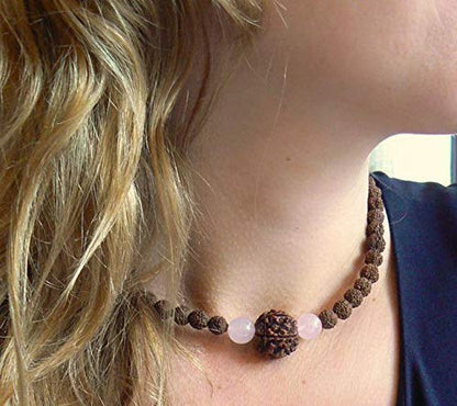 Rudraksha Necklace for Women, Shakti Healing Mala HANDMADE, Real 5 Mukhi Rudraksh Mala Beads, Rose Quartz Crystals, Heart Chakra Jewelry, Hindu Spiritual Gift for Her, Kundalini Yoga