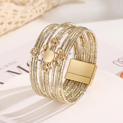 Edoneery Leather Wrap Bracelet for Women, Boho Handmade Multi-Layer Cuff with Crystal Beads Heart, Stackable Bangle Western Jewelry Gift - style: Circle(Gold)