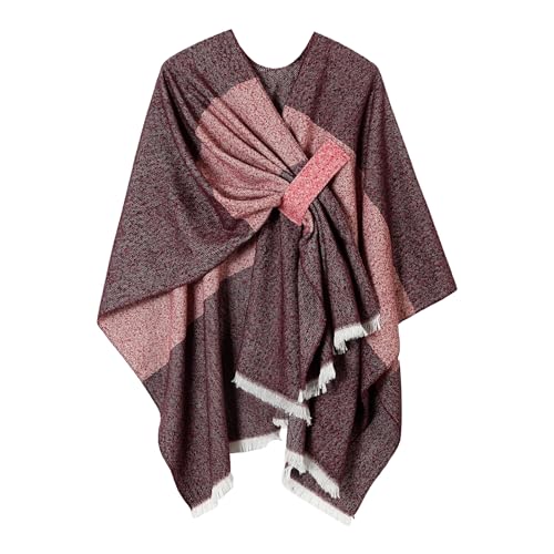 Women Shawl Wrap Poncho Cape Cardigan Open Front Coat Warm Scarf for Spring Fall Winter Cold Weather Days - color: Dark Red