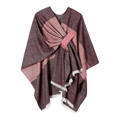 Women Shawl Wrap Poncho Cape Cardigan Open Front Coat Warm Scarf for Spring Fall Winter Cold Weather Days - color: Dark Red