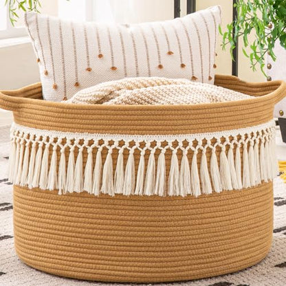 KAKAMAY Large Blanket Basket (20"x13"),Woven Baskets for storage Baby Laundry Hamper, Cotton Rope Blanket Basket for Living Room, Laundry, Nursery, Pillows, Baby Toy chest (Brown Fringe) - color: Brown Fringe