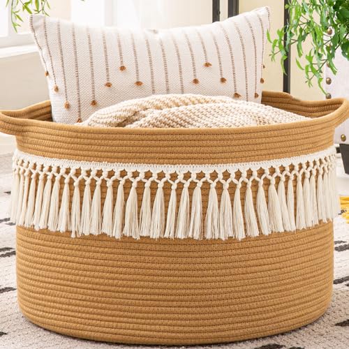 KAKAMAY Large Blanket Basket (20"x13"),Woven Baskets for storage Baby Laundry Hamper, Cotton Rope Blanket Basket for Living Room, Laundry, Nursery, Pillows, Baby Toy chest (Brown Fringe) - color: Brown Fringe
