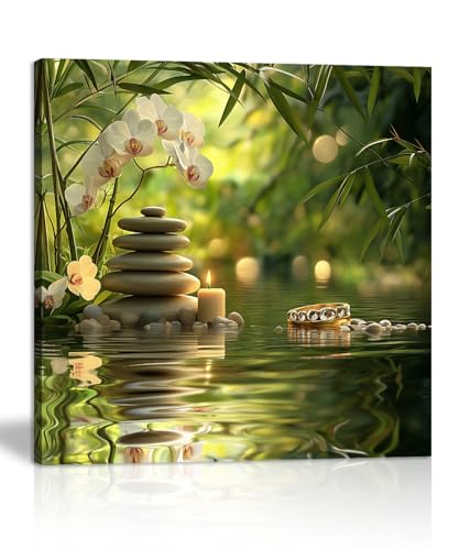 Zen Bamboo Stone & Candle Canvas Wall Art, White Flowers in Water Print Framed Decor, Nature Meditation Painting for Bedroom Spa Bathroom(Artwork-02, 24"x24") - color: Zen Art 02, size: 24"L x 24"W
