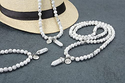 Jovivi 108 Mala Beads Bracelet 8mm Natural Amethyst Rose Quartz Healing Crystal Stone Mala Prayer Bead Necklace Hexagonal Prism Gemstone Reiki Pointed Pendant for Yoga Meditation Energy Balancing - color: White Turquoise Crystal
