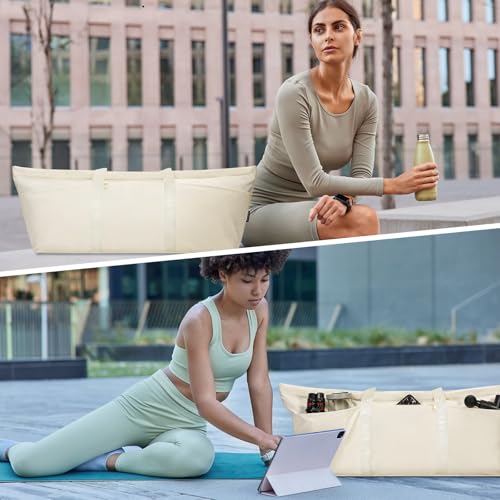 Large Yoga Mat Bag with Shoes Compartment and Wet Pocket Ladies Pilates Gym Tote Bag with Yoga Mat Holder Strap for Women Men Workout Carrier Stuff Accessories - color: Beige