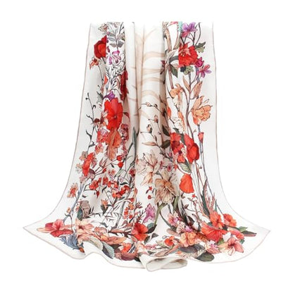 100% Pure Mulberry Silk Scarf 35" Large Square Lightweight Headscarf –Women’s Hair Wraps-With Gift Packed - color: Floral-white-twill