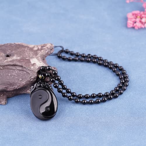 Black Obsidian Necklace Protection Pendant with Extended Bead Chain Healing Crystal Stone Amulet Necklace for Men Women - color: Tai Chi Yin Yang