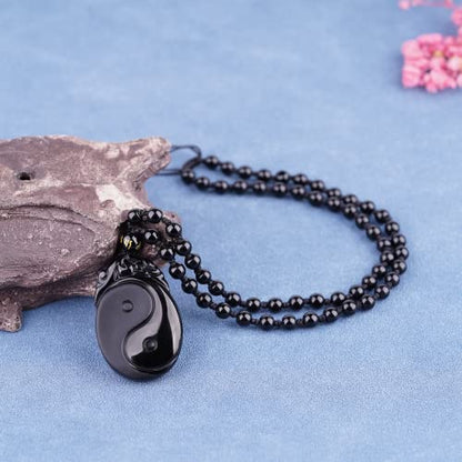 Black Obsidian Necklace Protection Pendant with Extended Bead Chain Healing Crystal Stone Amulet Necklace for Men Women - color: Tai Chi Yin Yang