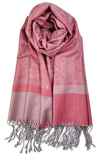 Plum Feathers Two Tone Vintage Paisley Pattern Pashmina Scarf - color: Pink Grey Paisley