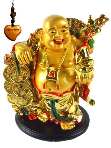 Betterdecor 5.5" Feng Shui Golden Laughing Happy Buddha Statue Holding Ingot Home Office Decor