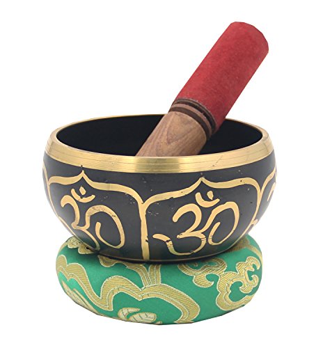 DharmaObjects Relaxing Yoga Meditation Om Peace Singing Bowl/Silk Cushion/Rosewood Mallet Set (Medium, Black) - color: Black, size: Medium