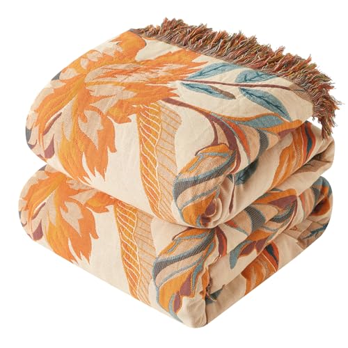 Bailix Boho Throw Blanket for Couch Sofa Bed, 100% Cotton Woven Quilt with Tassel 50”x60”, Super Soft Muslin Blanket with Floral Printed, Decorative Reversible Bed Blanket/Cover for All Seasons - color: E - Boho Floral, size: Throw-50" X 60"
