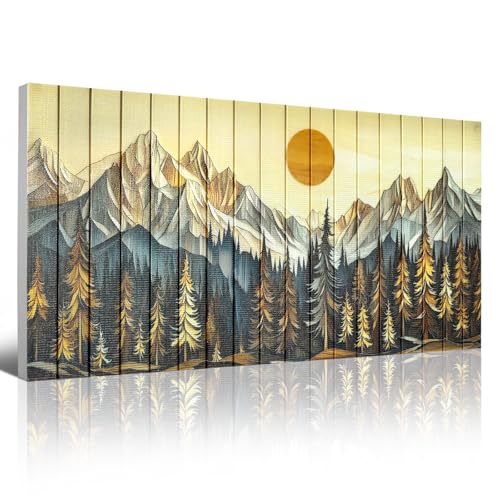 Large Mountain Canvas Ribbon Wall Art Abstract Forest Tree Sunrise Landscape Painting Pictures Boho Decor Handmade Textured Prints for Living Room Bedroom Bathroom Office Home Decor 20" x 40" - color: Yellow, size: 40"L x 20"W
