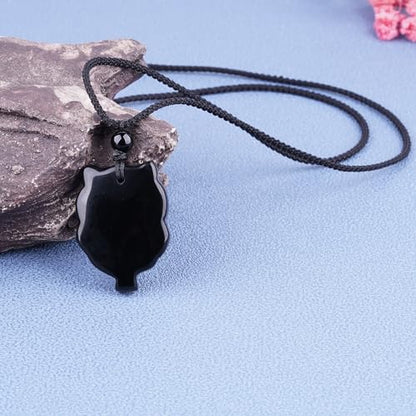 Black Obsidian Necklace Protection Pendant with Extended Bead Chain Healing Crystal Stone Amulet Necklace for Men Women - color: OwlA