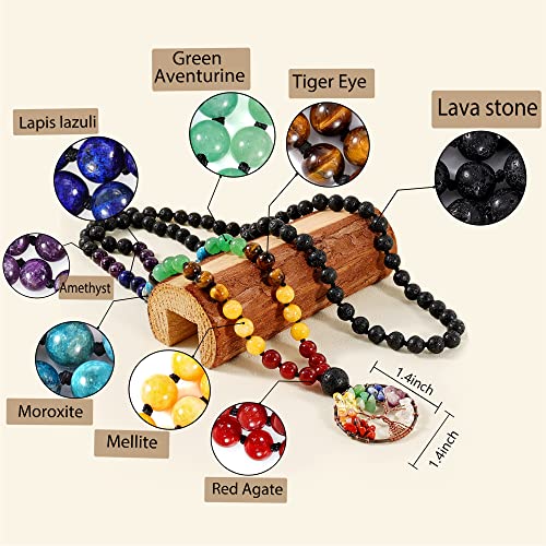 Bivei 108 Mala Beads Necklace Life Tree 7 Chakra Wrap Bracelet Real Healing Gemstone Yoga Meditation Hand Knotted Mala Prayer Bead Necklace - color: Lava Rock Stone, size: 8mm
