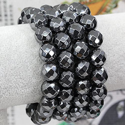 Keleny Semi Precious Stones Natural Gemstones 12mm Round Beads Crystal Stretch Bracelets 7 Inch Unisex - color: Black Hematite Faceted