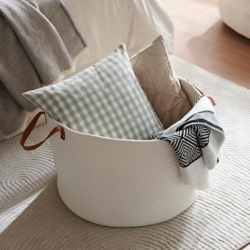 Extra Large Nursery Storage Basket, 22 x 22 x 14 inches - 100% Cotton Rope Baskets with Handles, Laundry Basket for Toys, Blankets & Pillows - Off White with Leather Handles