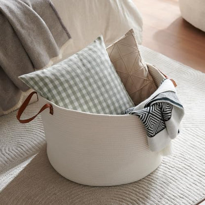 Extra Large Nursery Storage Basket, 22 x 22 x 14 inches - 100% Cotton Rope Baskets with Handles, Laundry Basket for Toys, Blankets & Pillows - Off White with Leather Handles