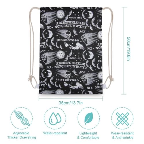 Skull Moon Sun Gothic Witch Board Seamless Black Portable Canvas Drawstring Backpack with Drawstring Pockets 35x50cm - color: Skull Moon Sun Gothic Witch Board Seamless Bl, size: 35x50cm