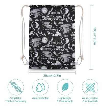 Skull Moon Sun Gothic Witch Board Seamless Black Portable Canvas Drawstring Backpack with Drawstring Pockets 35x50cm - color: Skull Moon Sun Gothic Witch Board Seamless Bl, size: 35x50cm
