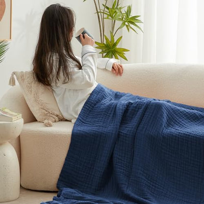 Love's cabin 100% Cotton Muslin Blanket, 6 Layer Lightweight Breathable Gauze King Size Blanket 108 x 90 Inches, Soft Summer Blanket for Bed, Dark Blue - color: Dark Blue, size: King(108"x90")