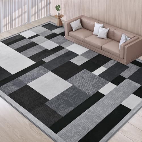 Indoor Modern Area Rug, 6x9 Geometric Patchwork Style Washable Large Rugs for Living Room Bedroom Hardwood Floors, Non Shedding Non Anti Backing Soft Carpet Home Floor Decor, Black - color: Black, size: 6' x 9' (Rectangular)