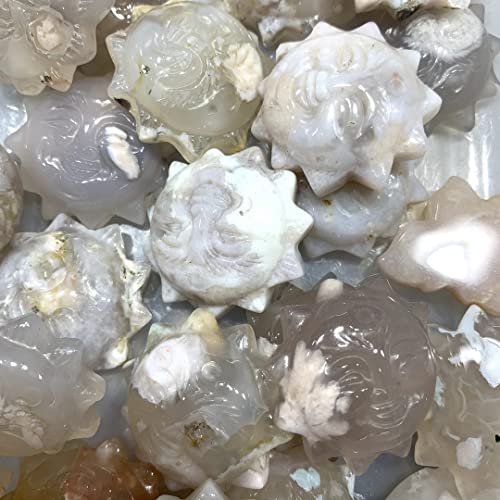 Meditation Home Decor, Natural Cherry Blossom Agate Sunface Handmade Quartz Carved Polished Healing Decoraction Meditation Polished Decor Stones Gifts,Natural Crystal