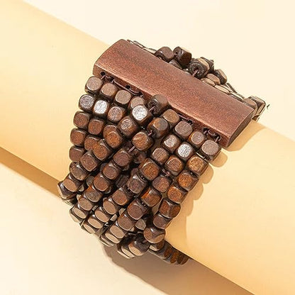 COLORFUL BLING Handmade Natural Wooden Beads Cuff Bracelet Woven Chunky Geometric Bangle for Women Summer Beach Boho Jewelry - color: intersect beads