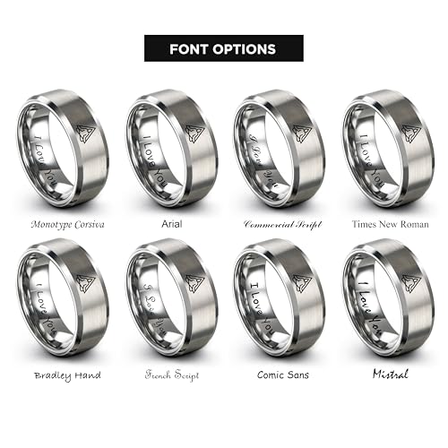 Gift for Yoga Fan - Yoga Meditation Ring - Flat Dome Bevel - Band - Men Women - Brushed Polished - Tungsten - Personalized Custom Engraving - 8mm - Anniversary Wedding - Yellow Rose Gold Silver - color: 12 - Grey Tungsten