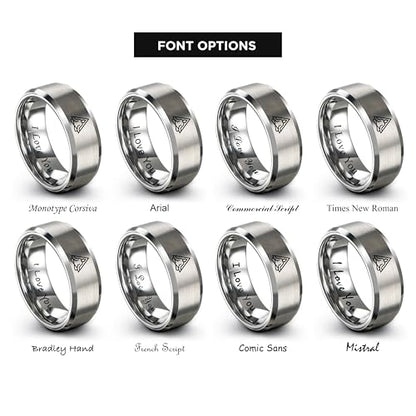 Gift for Yoga Fan - Yoga Meditation Ring - Flat Dome Bevel - Band - Men Women - Brushed Polished - Tungsten - Personalized Custom Engraving - 8mm - Anniversary Wedding - Yellow Rose Gold Silver - color: 12 - Grey Tungsten