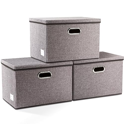 PRANDOM Large Collapsible Storage Bins with Lids [3-Pack] Linen/Cotton Blend Foldable Storage Boxes Organizer Containers Baskets Cube with Cover for Home Bedroom Closet Office Nursery(17.7x11.8x11.8) - color: Gray, size: L(3-Pack)