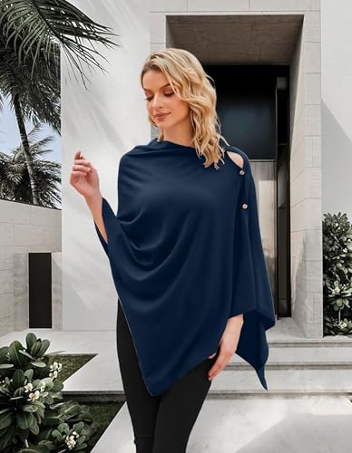 PULI Women's Versatile Knitted Shawls Scarf Poncho Sweater with Buttons Lightweight Spring Summer Fall Wraps - color: A-dark Slate Blue