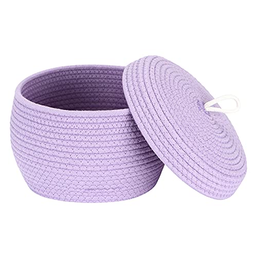Sea Team Round Cotton Rope Storage Basket with Lid, Decorative Woven Storage Bin, Pot, Caddy, Organizer, Container for Snacks, Towels, Plants, 10 x 7.5 Inches (Small, Lavender) - color: Lavender, size: Small