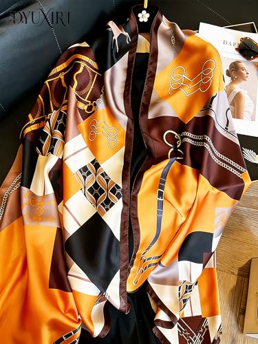 100% Mulberry Silk Oversized Women’s Sun-Shielding Shawl Formal Evening Neckwear Featherlight Airy - color: N15-tangerine Geo Scarf（69" X 21"inch）