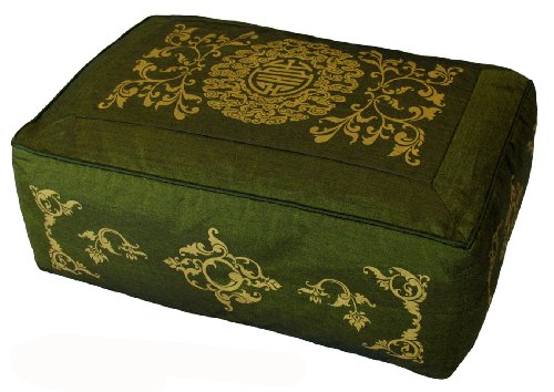 Meditation Cushion - Rectangular Zafu Buckwheat and Kapok Fill Longevity Celestial Vine Green - color: Greenlongevity