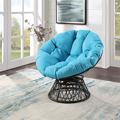 OSP Home Furnishings Wicker Papasan Chair with 360-Degree Swivel, Grey Frame with Blue Cushion