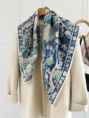 100% Pure Mulberry Silk Scarf 35" Large Square Lightweight Headscarf –Women’s Hair Wraps-With Gift Packed - color: Green&blue