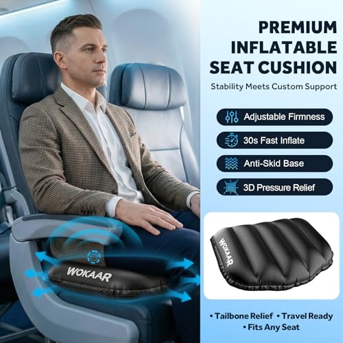 Inflatable Airplane Seat Cushion with Memory Foam | 3D Scalloped Air Baffles | Sit-to-Adjust Firmness | 2-in-1 Seat Pad & Lumbar Support, Tailbone Relief | 30s Inflate & 1s Deflate | Travel & Office