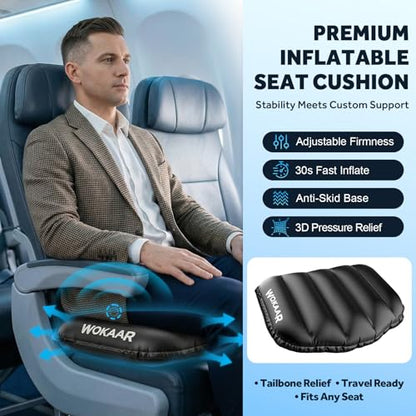Inflatable Airplane Seat Cushion with Memory Foam | 3D Scalloped Air Baffles | Sit-to-Adjust Firmness | 2-in-1 Seat Pad & Lumbar Support, Tailbone Relief | 30s Inflate & 1s Deflate | Travel & Office