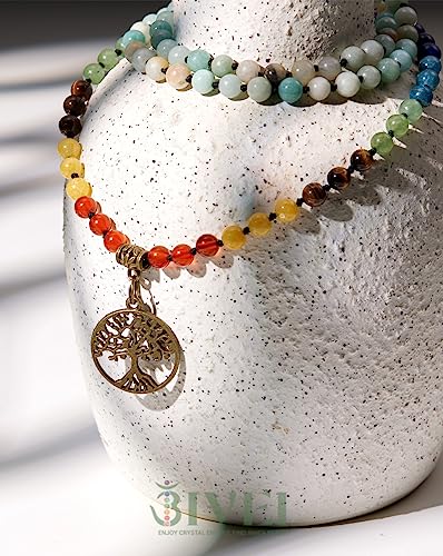 Bivei 7 Chakra 108 Mala Beads Bracelet Real Gemstone Yoga Meditation Hand Knotted Mala Prayer Bead Necklace - size: 6mm, style: Life Tree - Amazonite