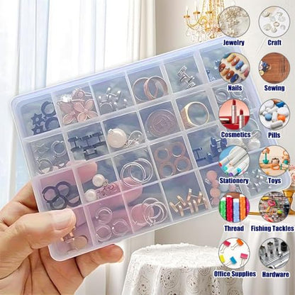 1 Pack 24 Grids Clear Plastic Jewelry Organizer Boxes, Tackle Box Compartment Organizer with Adjustable Dividers for Jewelry, Art Craft, Bead Storage Containers