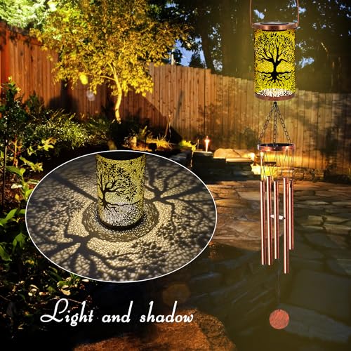 36" Solar Wind Chimes Hanging Lights Outdoor Detachable Led Lantern Metal Wind Chimes for Outside Unique Tree Life Garden Hanging Solar Decorative as Gift for Mom Women Grandma (Bronze) - size: 36‘’-Tree