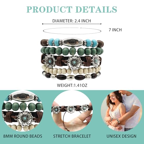 5pcs Wooden Bead Bracelet Set with Charm and Tassel for Men & Women - Stackable Boho Bracelets, Amber Color Scheme Adjustable Bracelet - color: White Cyan Brown