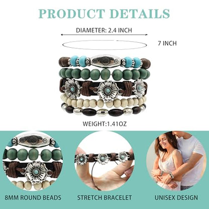 5pcs Wooden Bead Bracelet Set with Charm and Tassel for Men & Women - Stackable Boho Bracelets, Amber Color Scheme Adjustable Bracelet - color: White Cyan Brown